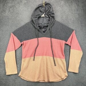 Heimish USA Colorblock Waffle Knit Hoodie Pink Gray Tan Lace Up V Neck Women's L